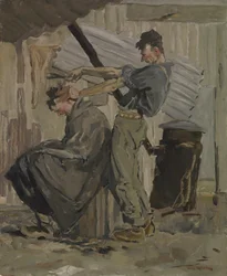 The Amateur (&39;Quem está cortando este cabelo, você ou eu&39;), 1920 (óleo no papelão)